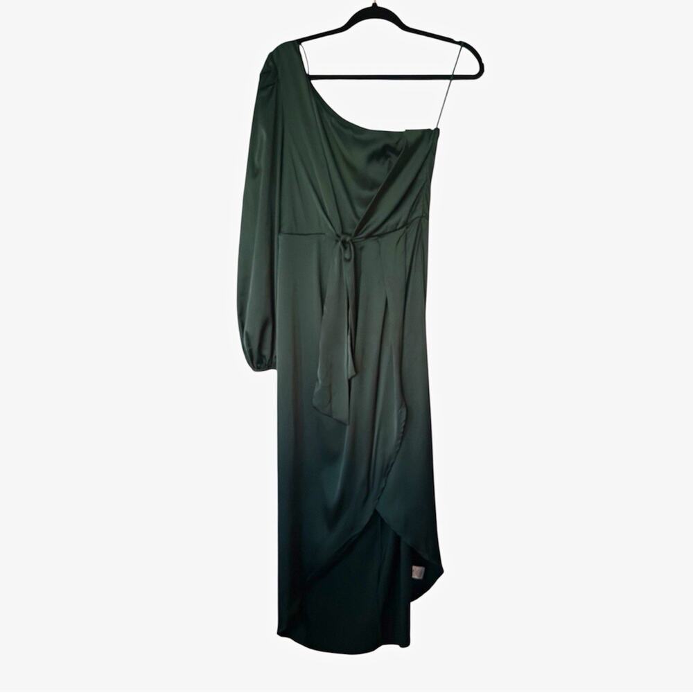 Lafayon M Emerald Green Satin One Shoulder Midi Dress NWT